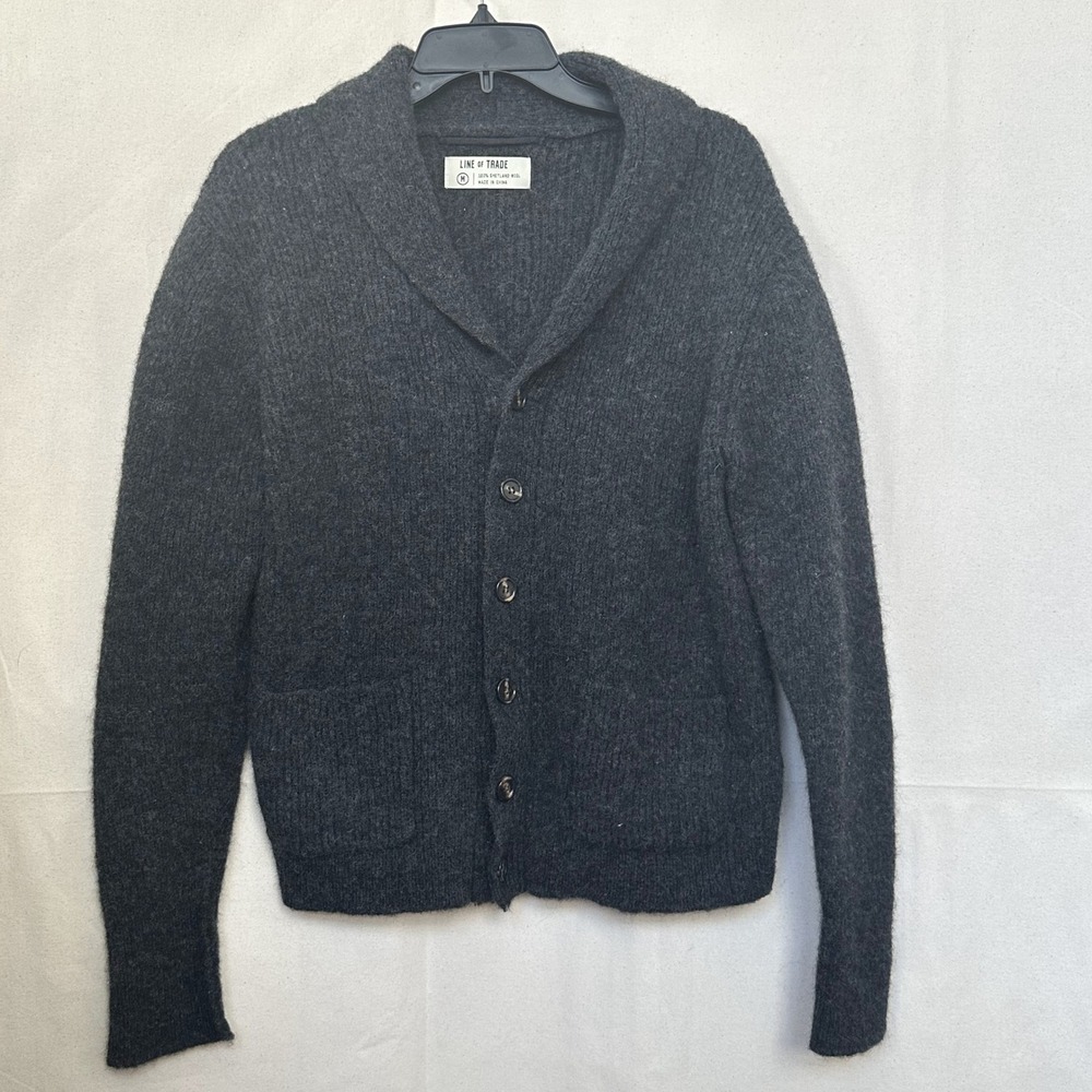 Line of‎ Trade Mens Grandpa Charcoal 100% Shetland Wool Shawl Collar Cardigan M